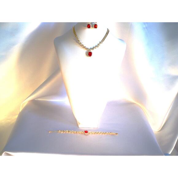 Red rhinestone pendent 3pc necklace set,wedding MOB prom party formal necklace - Picture 2 of 6